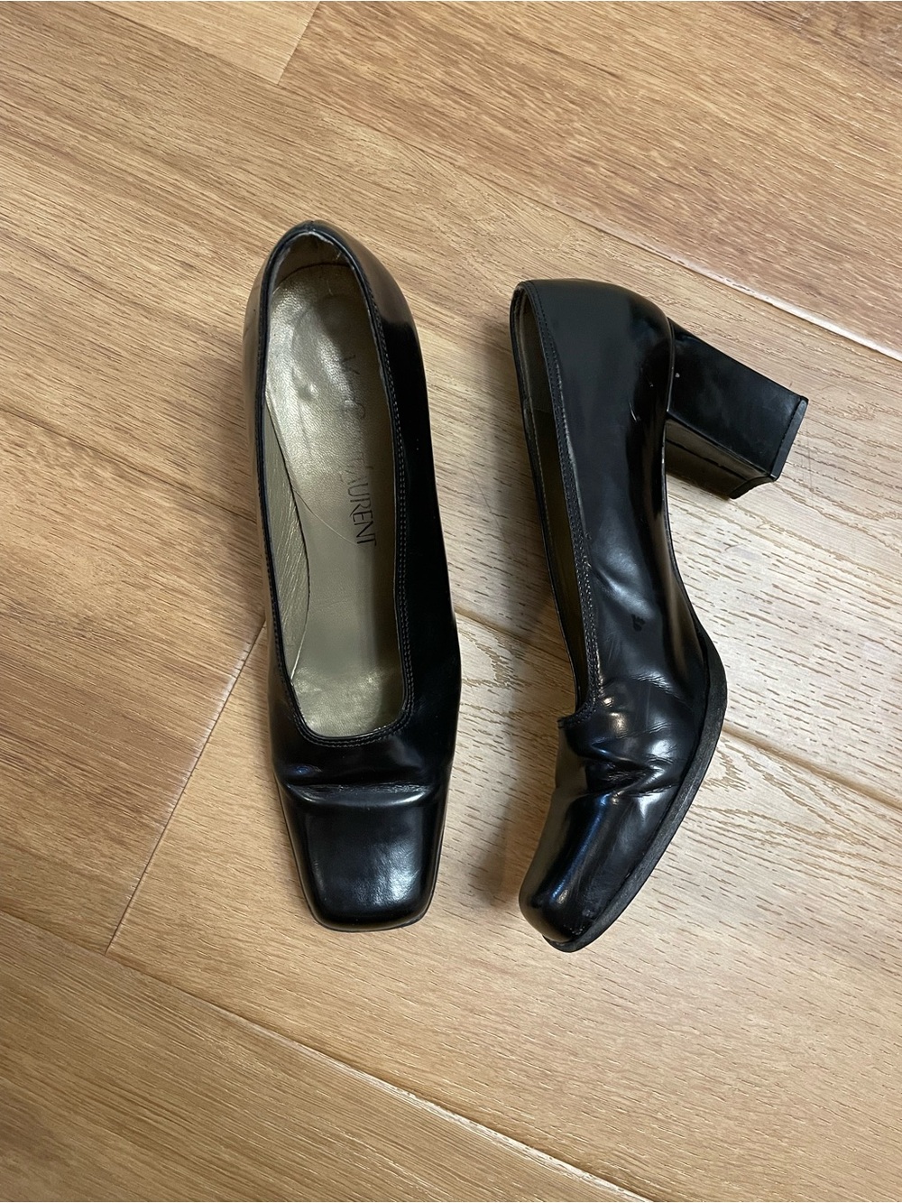 Vintage Yves Saint Laurent Black Leather Square Toe Pumps Heels Size 7.5N YSL